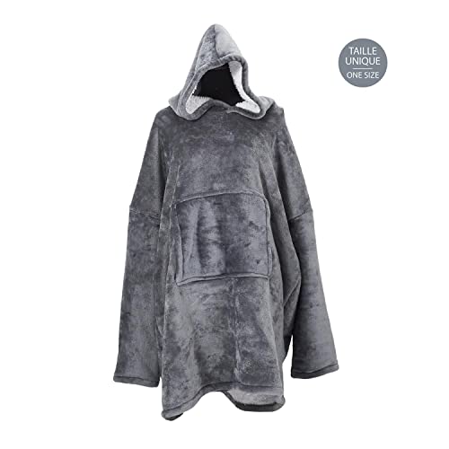 Manta de manga extra grande, capucha y bolsillo – Talla única 118 x 85 cm, para hombre y mujer – Interior blanco Sherpa (Gris)