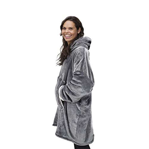 Manta de manga extra grande, capucha y bolsillo – Talla única 118 x 85 cm, para hombre y mujer – Interior blanco Sherpa (Gris)