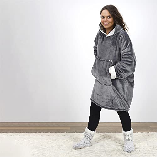 Manta de manga extra grande, capucha y bolsillo – Talla única 118 x 85 cm, para hombre y mujer – Interior blanco Sherpa (Gris)