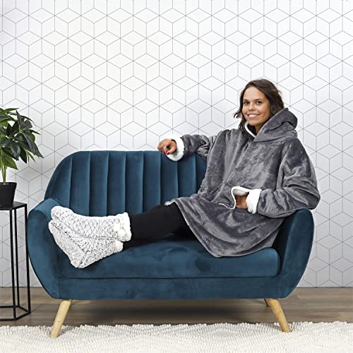 Manta de manga extra grande, capucha y bolsillo – Talla única 118 x 85 cm, para hombre y mujer – Interior blanco Sherpa (Gris)