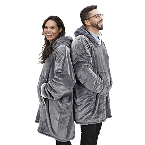 Manta de manga extra grande, capucha y bolsillo – Talla única 118 x 85 cm, para hombre y mujer – Interior blanco Sherpa (Gris)