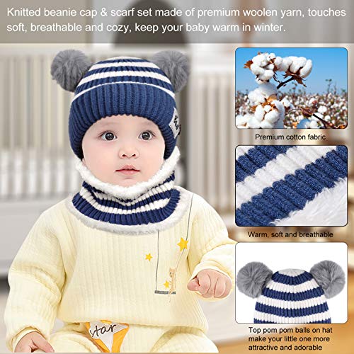 MaoXinTek Gorro de Bebé Invierno Lindo Gorro de Punto Cálido con Bufanda para Niños Niña 3-24 Meses Azul