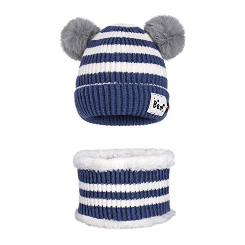 MaoXinTek Gorro de Bebé Invierno Lindo Gorro de Punto Cálido con Bufanda para Niños Niña 3-24 Meses Azul