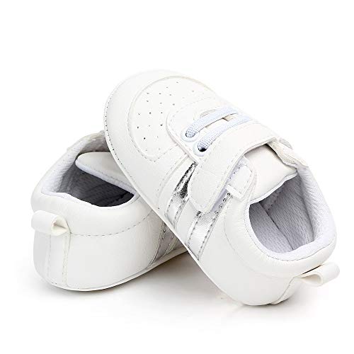 MASOCIO Zapatos Bebe Niño Niña Recién Nacido Primeros Pasos Zapatillas Deportivas Bebé Suela Blanda Antideslizante Blanco Plata 6-12 Meses