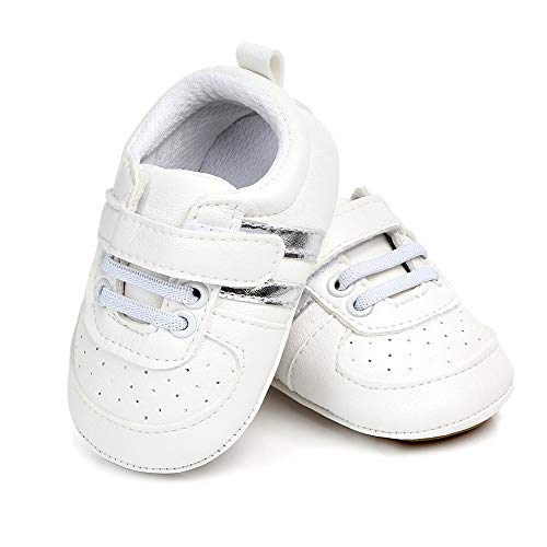 MASOCIO Zapatos Bebe Niño Niña Recién Nacido Primeros Pasos Zapatillas Deportivas Bebé Suela Blanda Antideslizante Blanco Plata 6-12 Meses