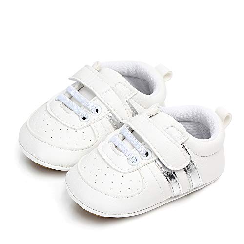 MASOCIO Zapatos Bebe Niño Niña Recién Nacido Primeros Pasos Zapatillas Deportivas Bebé Suela Blanda Antideslizante Blanco Plata 6-12 Meses