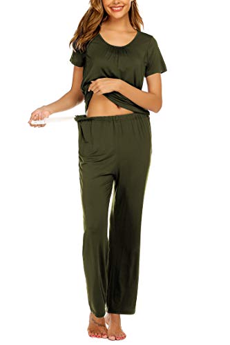 MAXMODA Conjunto de pijama de lactancia de manga corta para verano, con cintura elástica ajustable, camiseta de lactancia y pantalones premamá, tallas S-XXL, 1_verde militar, M