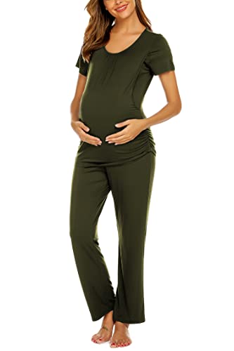 MAXMODA Conjunto de pijama de lactancia de manga corta para verano, con cintura elástica ajustable, camiseta de lactancia y pantalones premamá, tallas S-XXL, 1_verde militar, M