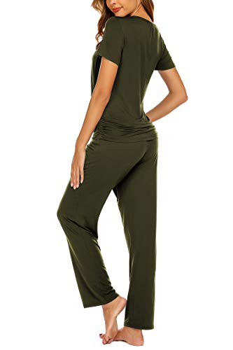 MAXMODA Conjunto de pijama de lactancia de manga corta para verano, con cintura elástica ajustable, camiseta de lactancia y pantalones premamá, tallas S-XXL, 1_verde militar, M