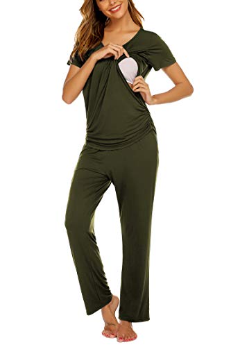 MAXMODA Conjunto de pijama de lactancia de manga corta para verano, con cintura elástica ajustable, camiseta de lactancia y pantalones premamá, tallas S-XXL, 1_verde militar, M