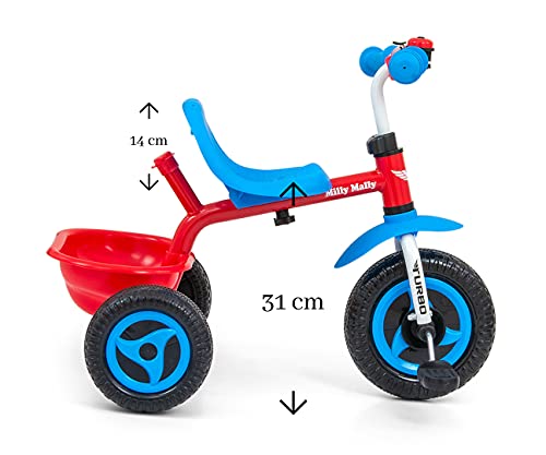 Milly Mally Turbo Bicicleta de tres ruedas para niños con mango ajustable para niños y niñas, de 18 a 36 meses, con niño Cool Red