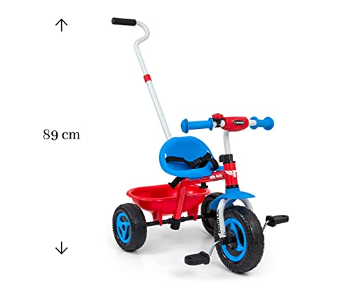 Milly Mally Turbo Bicicleta de tres ruedas para niños con mango ajustable para niños y niñas, de 18 a 36 meses, con niño Cool Red