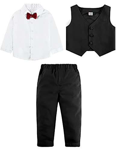 mintgreen Trajes para Niños de Boda, 3 Piezas Bebé Bautizo Atuendo Cumpleaños Hidalgo Conjunto de Ropa Mangas Largas Camisa + Chaleco + Pantalón + Pajarita, Negro Sólido, 3-4 años