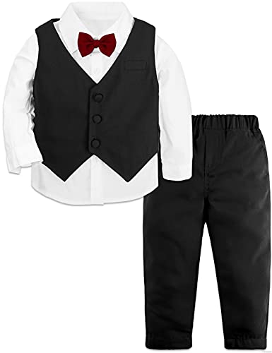 mintgreen Trajes para Niños de Boda, 3 Piezas Bebé Bautizo Atuendo Cumpleaños Hidalgo Conjunto de Ropa Mangas Largas Camisa + Chaleco + Pantalón + Pajarita, Negro Sólido, 3-4 años