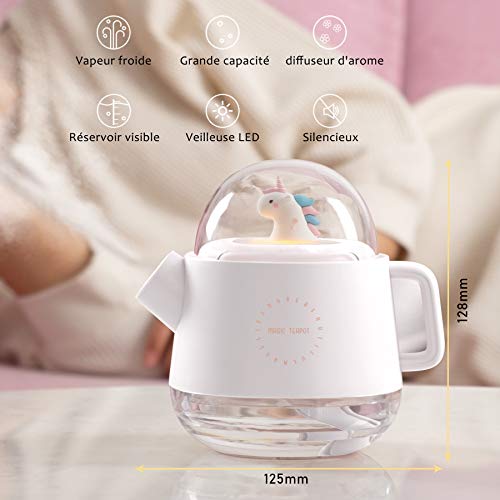 Mipa - Humidificador de aire para bebé ultrasónico con niebla silenciosa con luz nocturna, mini difusor de aceites esenciales portátil, tetera mágica diseño para habitación de bebé o casa (Licorna)