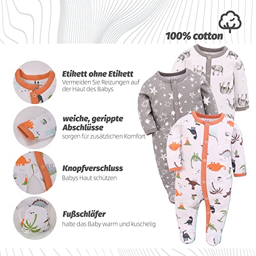 Miracle Baby 3 piezas mamelucos para bebés pijama de bebé saco de dormir de algodón con pies con botones Gr.56 62 68 para niñas recién nacidas