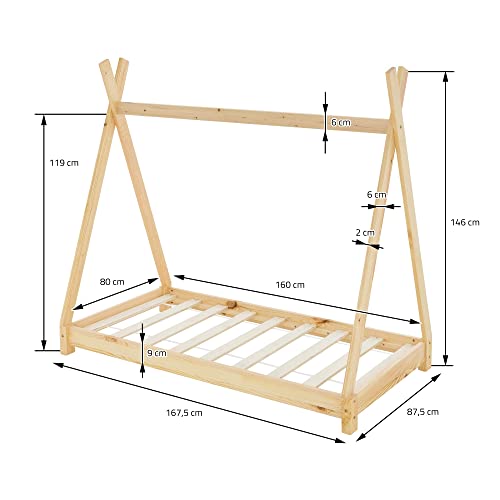 ML-Design Cama Infantil Tipi Indio 80x160 cm con Somier Estructura Listones de Madera de Pino Maciza Color Natural Forma de Casa Mobiliario Juego Marco de Tienda de Campaña para Niños