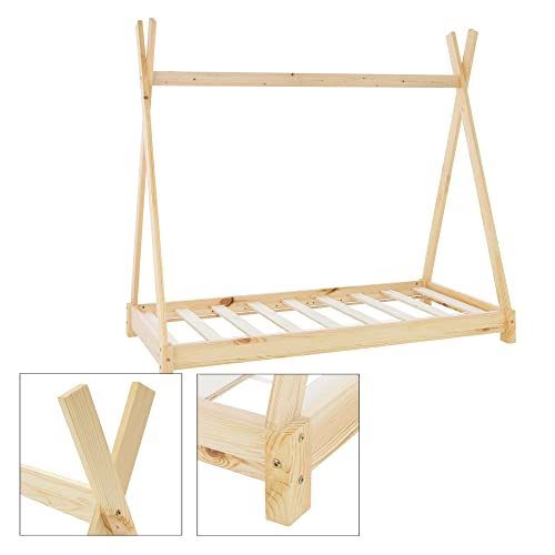 ML-Design Cama Infantil Tipi Indio 80x160 cm con Somier Estructura Listones de Madera de Pino Maciza Color Natural Forma de Casa Mobiliario Juego Marco de Tienda de Campaña para Niños