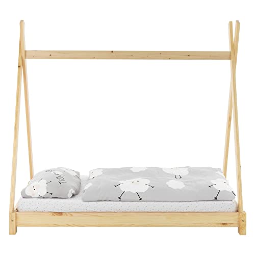 ML-Design Cama Infantil Tipi Indio 80x160 cm con Somier Estructura Listones de Madera de Pino Maciza Color Natural Forma de Casa Mobiliario Juego Marco de Tienda de Campaña para Niños