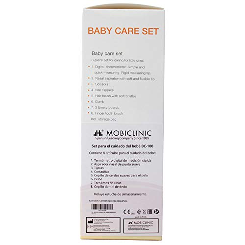 Mobiclinic, Set neceser para cuidado del bebé, Kit Baby care, Set de aseo e higiene para bebés, Termómetro digital, Tijeras de punta redonda, Cortaúñas, Peine, Aspirador nasal, Cepillo, Lima de uñas