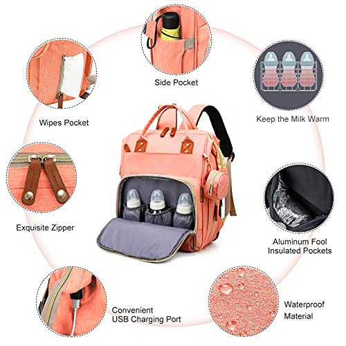 Mochila de pañales, Bolso del Bebé Mamá, Bolsas Unisex para Bebés con Cambiador, Bolsillos Aislados y 2 Correas de Cochecito, Mochila de Viaje Multifuncional Grande de para Mamá y Papá, Rosa