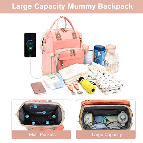 Mochila de pañales, Bolso del Bebé Mamá, Bolsas Unisex para Bebés con Cambiador, Bolsillos Aislados y 2 Correas de Cochecito, Mochila de Viaje Multifuncional Grande de para Mamá y Papá, Rosa