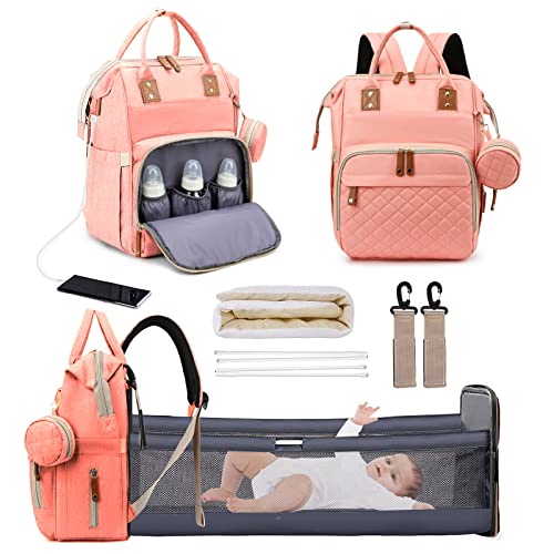 Mochila de pañales, Bolso del Bebé Mamá, Bolsas Unisex para Bebés con Cambiador, Bolsillos Aislados y 2 Correas de Cochecito, Mochila de Viaje Multifuncional Grande de para Mamá y Papá, Rosa