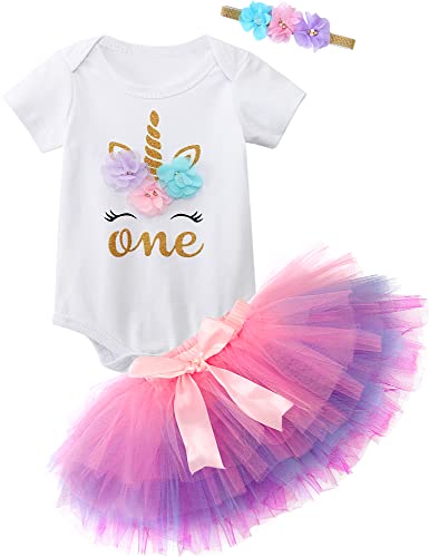 MOMBEBE COSLAND Bebé Niña Unicornio 1er Cumpleaños Traje de Manga Corta Tutú Vestido Mono Conjunto de Ropa Púrpura 1 Año