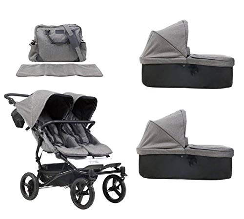 Mountain Buggy duet buggy V3 Luxury Collection - Carrito de bebé de dos plazas con bolso cambiador y 2 capazos de bebé Carrycot Plus - Herringbone (patrón de espiga)