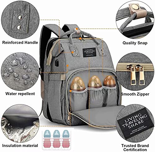 MUTOUREN Mochila para pañales de bebé – Gran capacidad – Mochila organizadora para cuna de viaje con esterilla, correas para cochecito y bolsillos térmicos para botellas (gris claro)