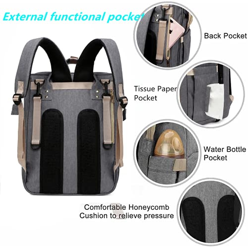 MUTOUREN Mochila para pañales de bebé – Gran capacidad – Mochila organizadora para cuna de viaje con esterilla, correas para cochecito y bolsillos térmicos para botellas (gris claro)