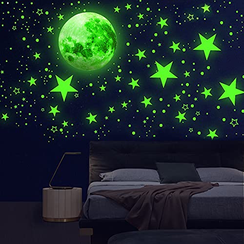 MVKV 1012 pegatinas luminosas autoadhesivas de pared, estrellas y luna, cielo estrellado, pegatinas luminosas para la habitación de los niños, dormitorio (verde)