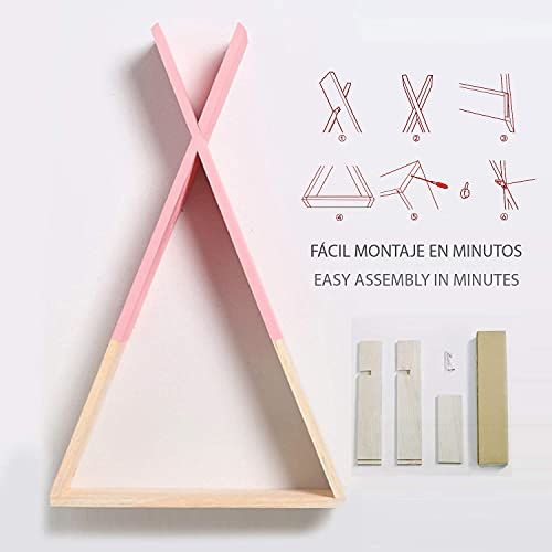 Nacnic 2 Estantes de Pared Flotantes Triangular Rosa y Madera de Pino | Estanterías de Pared Nórdica | Estantería Infantil | Estantes para Habitación Dormitorio Bebé y Juvenil | Grande y Mediana