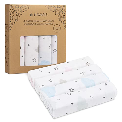 Navaris Toallas para bebé de muselina - Set de 4x toallita para cuidado infantil - Juego de paños de tela de bambú y algodón - Pañales 80 x 80 cm