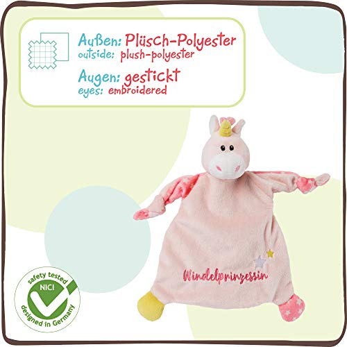 NICI 46730 Unicornio de pañal Princesa 25 x 25 cm a Partir de 0 Meses – Manta de Peluche para bebés y niños pequeños – Peluche / Manta de Seguridad para niñas y niños, Rosa y Blanco