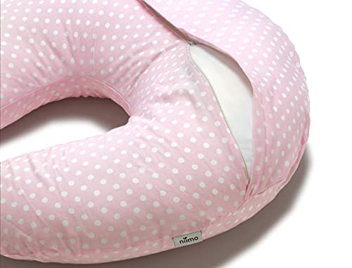 Niimo Cojin Lactancia Bebè Funda Cojin 100% Algodòn Extraíble y Lavable Almohada Multifuncional para Madre y Bebé Relleno de Fibra de Poliéster (Rosa-Lunares Blancos)