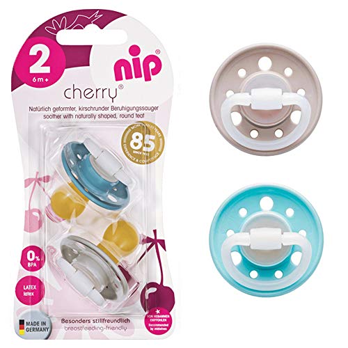 NIP Cherry - Chupete redondo (8 unidades, tamaño 2, látex natural, 6 meses, azul y turquesa, gris y azul claro