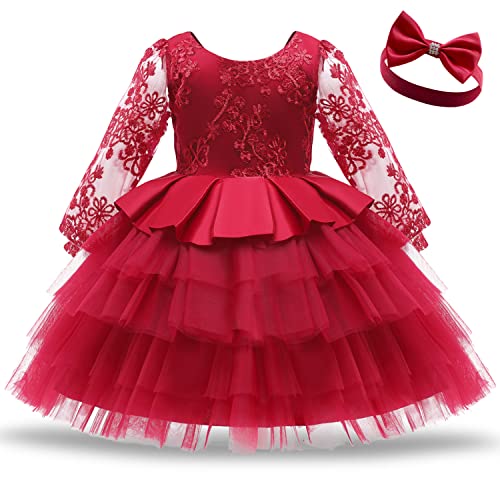 NNJXD Bebé Niña Vestido Tutu Vestidos Floral Navidad Vestido Pompa Escotado por Detrás Vestido de Boda Tamaño (120) 4-5 años 773 Rojo-A