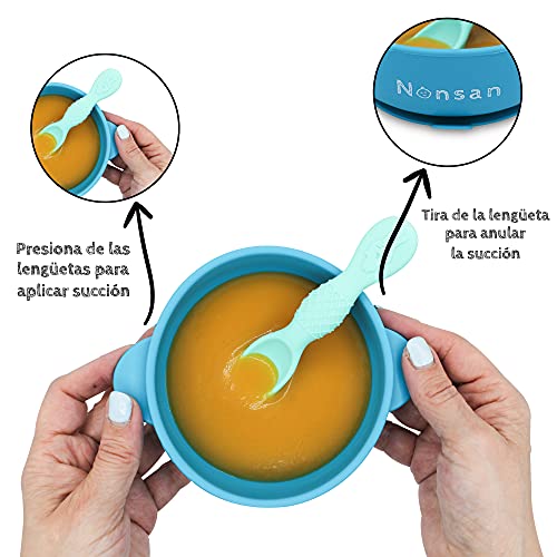 Nonsan Vajilla bebe ventosa + babero silicona –Set de 4 piezas: Babero + Plato bebe ventosa + Bol con ventosa + Cuchara. Vajilla infantil silicona grado alimentario, sin BPA, ideal aprendizaje blw A