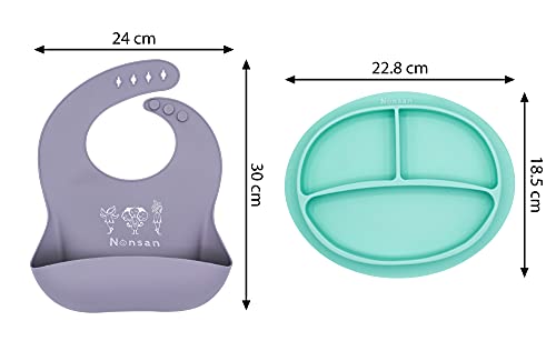 Nonsan Vajilla bebe ventosa + babero silicona –Set de 4 piezas: Babero + Plato bebe ventosa + Bol con ventosa + Cuchara. Vajilla infantil silicona grado alimentario, sin BPA, ideal aprendizaje blw A