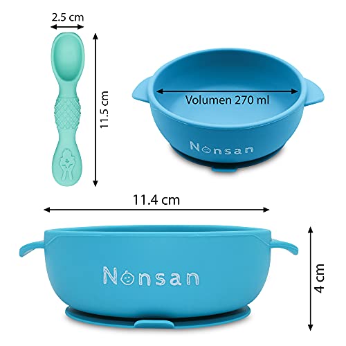 Nonsan Vajilla bebe ventosa + babero silicona –Set de 4 piezas: Babero + Plato bebe ventosa + Bol con ventosa + Cuchara. Vajilla infantil silicona grado alimentario, sin BPA, ideal aprendizaje blw A