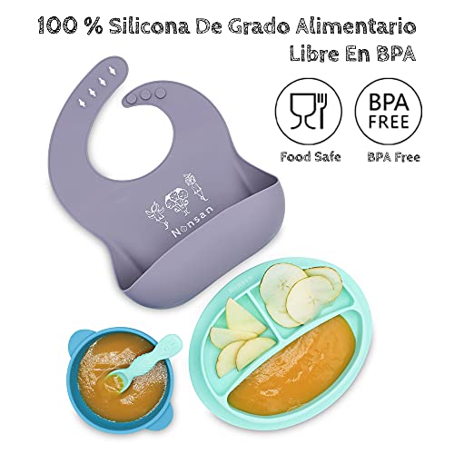 Nonsan Vajilla bebe ventosa + babero silicona –Set de 4 piezas: Babero + Plato bebe ventosa + Bol con ventosa + Cuchara. Vajilla infantil silicona grado alimentario, sin BPA, ideal aprendizaje blw A