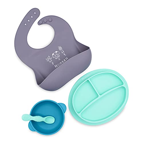 Nonsan Vajilla bebe ventosa + babero silicona –Set de 4 piezas: Babero + Plato bebe ventosa + Bol con ventosa + Cuchara. Vajilla infantil silicona grado alimentario, sin BPA, ideal aprendizaje blw A