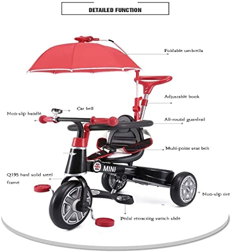 NUBAO 3-IN-1 Triciclo for niños con un Solo Función Plegable de 3 Ruedas Bike Soft Leather Asiento de Cuero for niños con sombrilla y Barrera de Seguridad for 1048 Meses bebé (Color : Rojo)