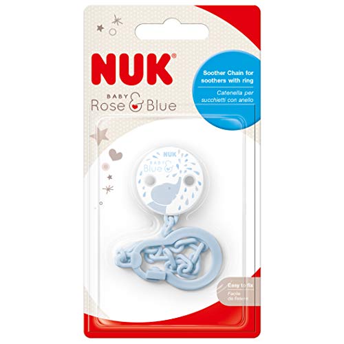 NUK Baby Blue - Cadena para chupete con clip para enganchar chupetes con anilla, 1 unidad, color azul claro