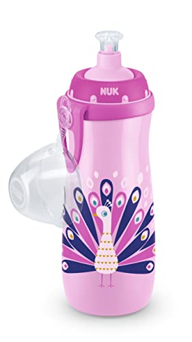 NUK Copa deportiva para niños con efecto camaleón, 36 meses+, Cambio de color, Caño a prueba de fugas, clip y tapa protectora, sin BPA, 450 ml, Pavo real (morado) (10255592)