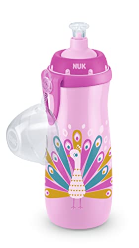 NUK Copa deportiva para niños con efecto camaleón, 36 meses+, Cambio de color, Caño a prueba de fugas, clip y tapa protectora, sin BPA, 450 ml, Pavo real (morado) (10255592)