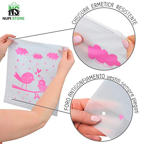 NuPi Store® 7 Bolsitas de canastilla para bebé | Sobres para maletas de hospital de nacimiento de bebés | Transparente | Cursor hermético | Idea de regalo | XXL | Antibacterianos reutilizables | Rosa