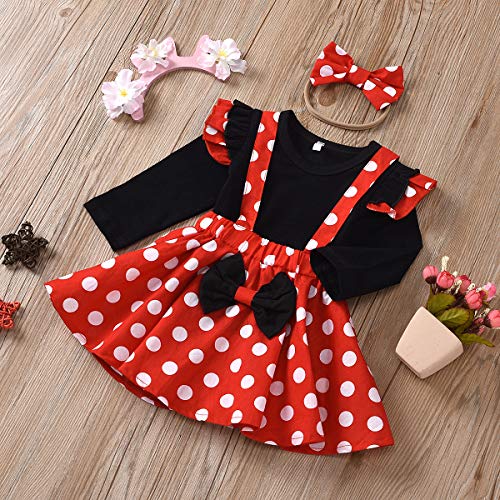 OBEEII Minnie Top de Manga Corta con Volantes + Vestido de Lunares + Mini Mouse Ears Diadema para Niñas Princesa Bowknot Tutu Fiesta de Cumpleaños Trajes Bebé Manga Larga Rojo 18-24 Meses