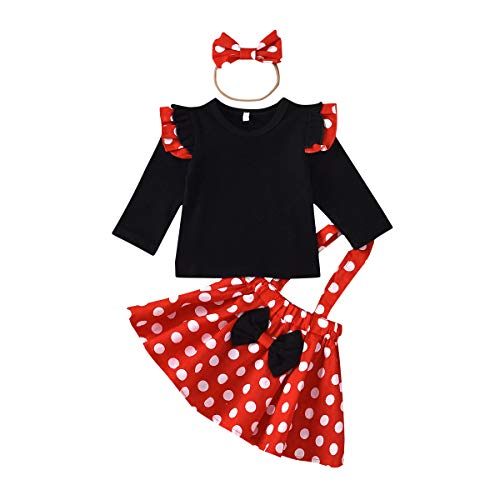 OBEEII Minnie Top de Manga Corta con Volantes + Vestido de Lunares + Mini Mouse Ears Diadema para Niñas Princesa Bowknot Tutu Fiesta de Cumpleaños Trajes Bebé Manga Larga Rojo 18-24 Meses